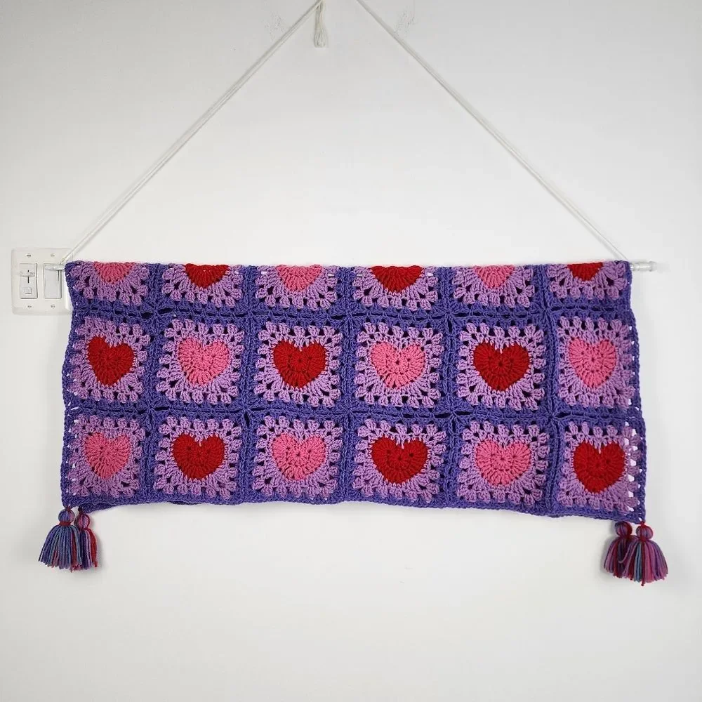 New Handmade Crochet Heart Granny Square Lap Blanket Tassels Purple Pink Red